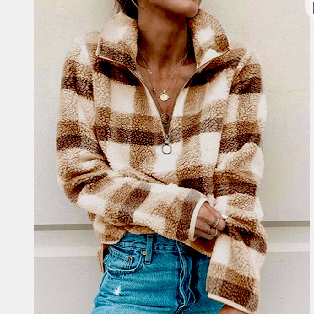 Quarter Zip Fleece Sherpa Brown Plaid Sweatshirt